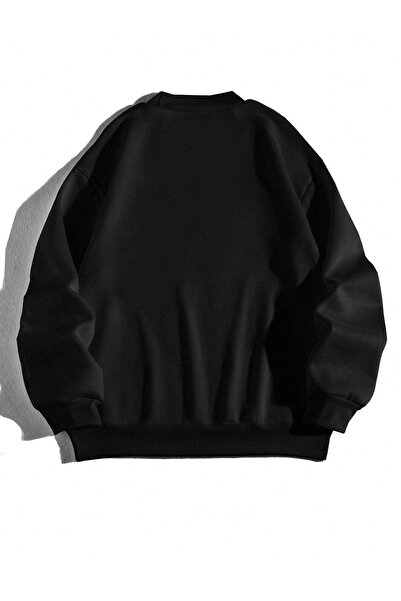 Mythologie Book Music Sweatshirt - Black Printed Oversize Ribbed Crew Neck
