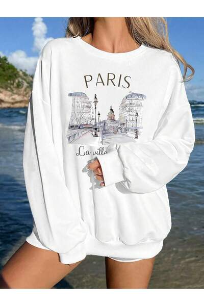 SeusCraft سويت شيرت بتصميم باريس لا ويل - ياقة دائرية كبيرة الحجم مطبوعة بالل...
