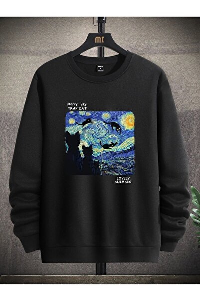 Mythologie Суитшърт с котешки нощен дизайн - голямо оребрено кръгло деколте с черен принт