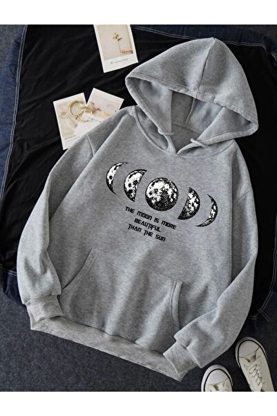 Mythologie Beautiful Moon Sweatshirt - Gray Printed Oversize Hooded Sweatshirt