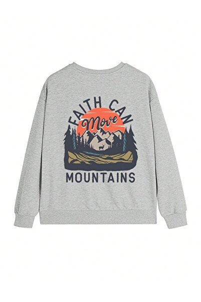 Mythologie Mountains Faith Can Sweatshirt - Gray Printed Oversize Ribbed Crew Neck