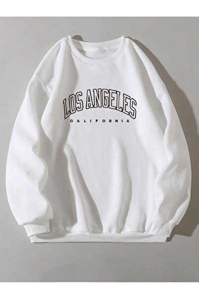 SeusCraft سويت شيرت لوس أنجلوس كاليفورنيا - أبيض مطبوع كبير الحجم برقبة دائرية
