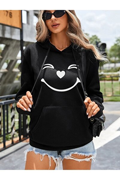 Mythologie Світшот з серцем на грудях - чорний з принтом, оверсайз, з капюшоном