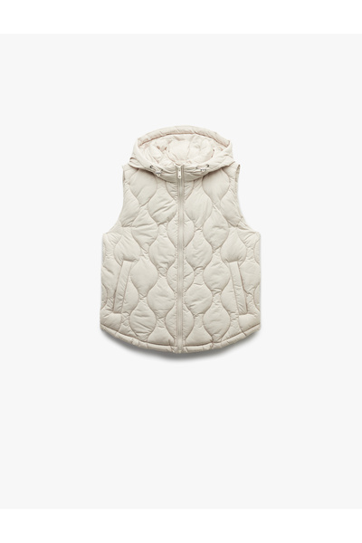 Koton Water Repellent Hooded Sleeveless Quilted Puffer Vest with Zipper Pockets