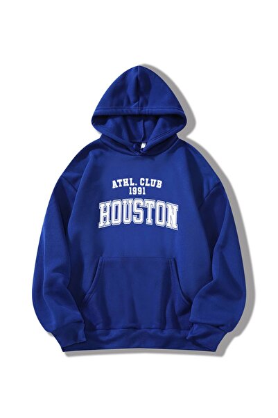 coolart 1991 Хюстън суитшърт - саксофон синьо с принт, прекалено голям качулка