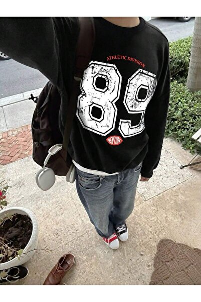 Mythologie Division 89 Sweatshirt - Black Printed Oversize Raised Crew Neck