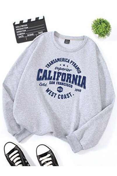 modaberry Hanorac California Transamerica Pyramid - Imprimat gri, oversize, c...