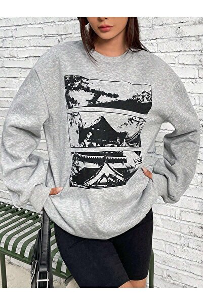 Mythologie Korean House Sweatshirt - Gray Printed Oversize Ruffled Crew Neck