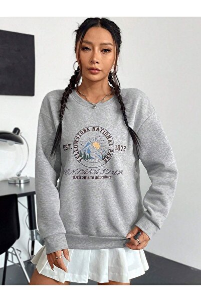 Mythologie Montana Yellowstone Sweatshirt - Gray Printed Oversize Ruffled Crew Neck