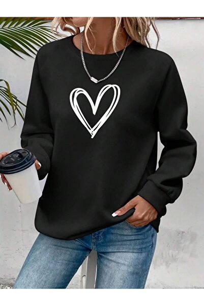 Mythologie Big Heart Pattern Sweatshirt - Black Printed Oversize Raised Crew Neck