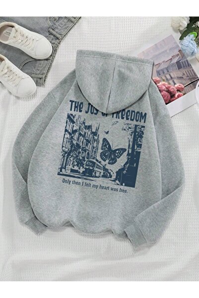 modaberry Hanorac Joy Of Freedom - Hanorac oversize cu glugă cu imprimeu gri