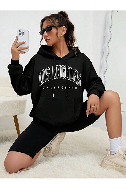 Mythologie Χειμερινό χοντρό φούτερ Los Angeles California - Μαύρη κουκούλα με στάμπα Oversize Hoodie