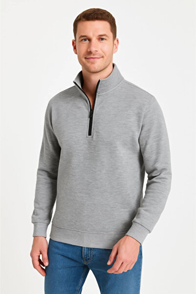 MODA Ανδρικό φούτερ με ψηλό γιακά EQURİ με μισό φερμουάρ, βαμβακερό ύφασμα με 3 κλωστές - Γκρι