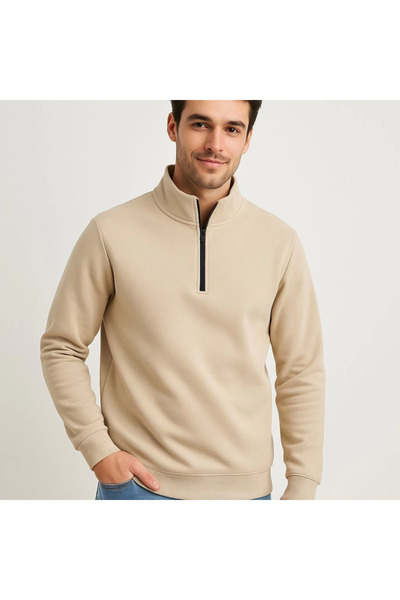 Edolika Men's Stand Collar Sweatshirt Stand Collar Half Zipper 3 Thread Ribbed Cotton Fabric - Beige