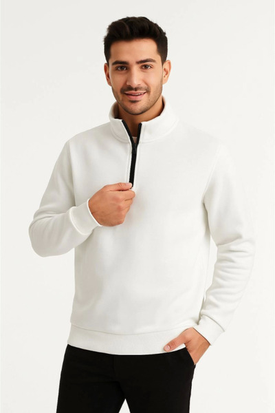 Edolika Men's Stand Collar Sweatshirt Stand Collar Half Zipper 3 Thread Ribbed Cotton Fabric - White