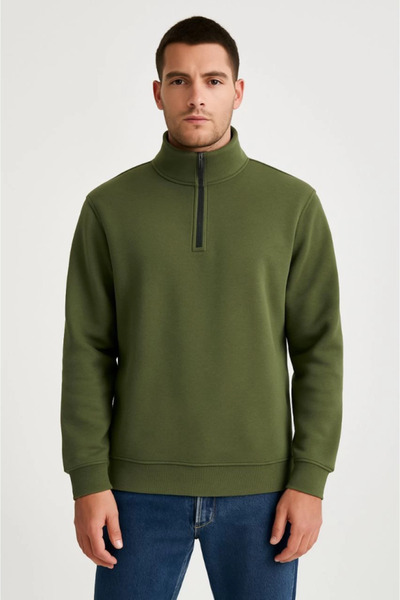 Edolika Men's Stand Collar Sweatshirt Stand Collar Half Zipper 3 Thread Ribbed Cotton Fabric - Khaki