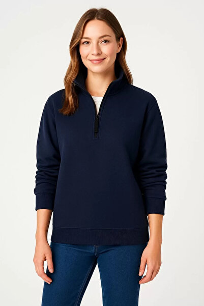 LUMİART Women's Three Thread Stand Collar Half Zipper Sweatshirt - Navy Blue