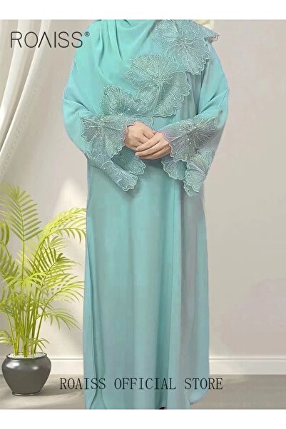 ROAISS 2 PCS Women's Robe Dress Solid Color Floral Embroidery Lace Edge Traditional Wear Muslim Abaya with