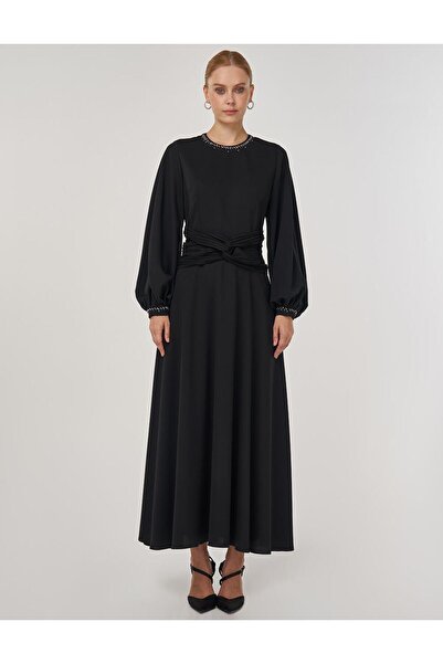 Kayra Bel Detaylı Şık Elbise Siyah