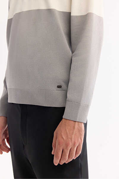 Avva Erkek Gri Polo Yaka Fermuarlı Çizgili Triko Regular Fit Kazak A52Y5090