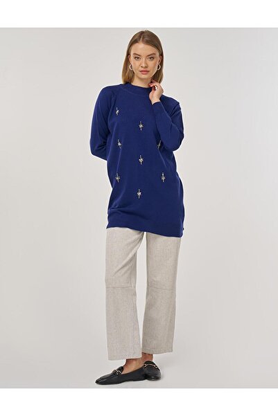 Kayra Stone Embroidered Knitwear Tunic Indigo