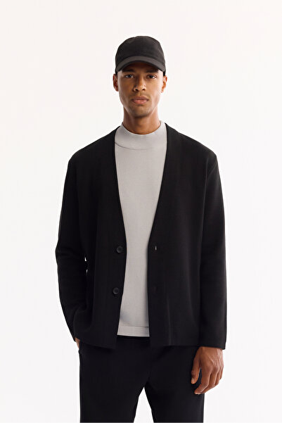 Avva Men's Black Shawl Collar Buttoned Wool Blend Regular Fit Cardigan A52Y5049