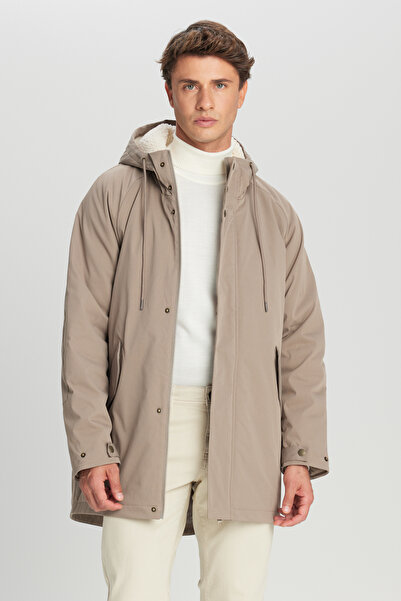 AC&Co / Altınyıldız Classics Men's Beige Standard Fit Regular Cut Hooded Stand Collar Side Pocket Coat