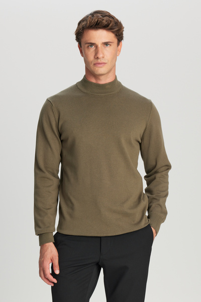 ALTINYILDIZ CLASSICS Men's Khaki Cotton Standard Fit Regular Cut Half Turtleneck Knitwear Sweater
