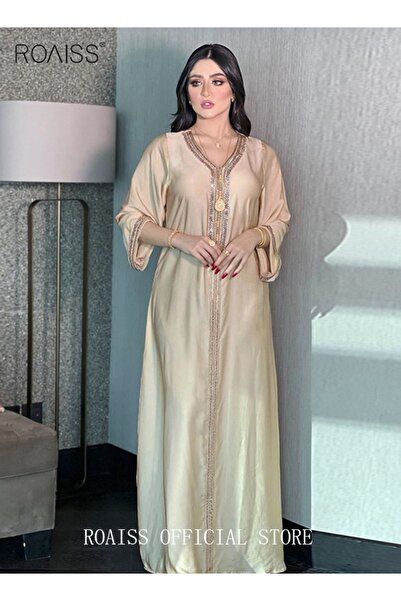 ROAISS فساتين ماكسي فاخرة للنساء بفتحة رقبة على شكل حرف V ومرصعة بأحجار الراي...