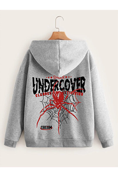modaberry Undercover Spider Cardigan - Gray Printed Winter Oversize Hooded Cardigan with Zippered Pocket Detail