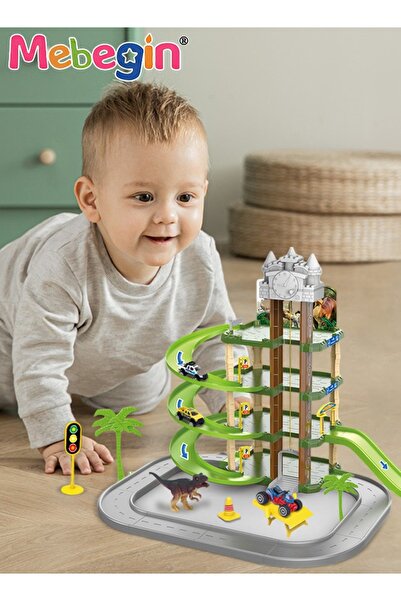 MEBEGIN مجموعة مسار مكونة من 71 قطعة، مجموعة موقف سيارات الديناصورات مع سيارت...