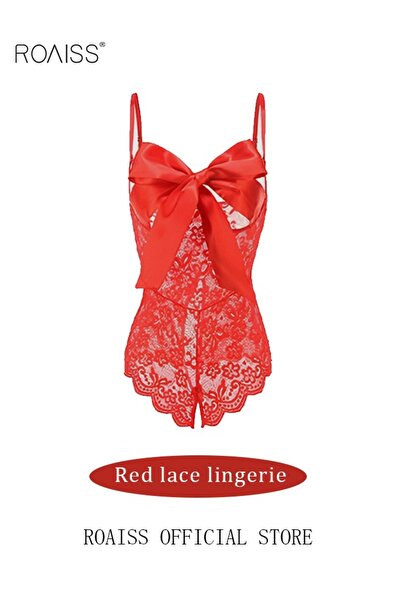 ROAISS Sweet Lingerie Women Lace One-Piece Uniform Bowknot Sleepwear