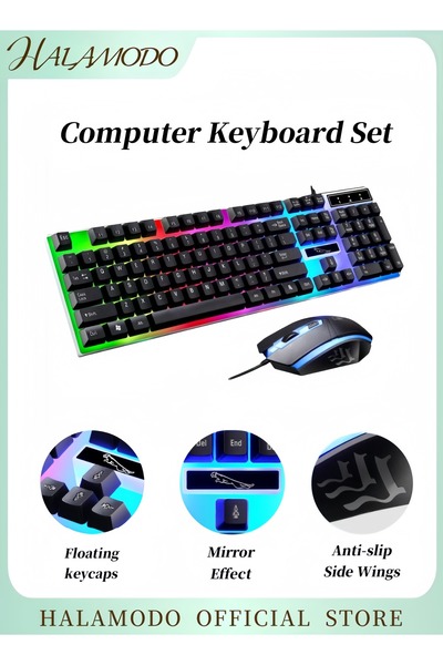 HALAMODO Computer Keyboard Set with USB Wired Computer Mouse Cool LED Backlit Game Mechanical Keyboard