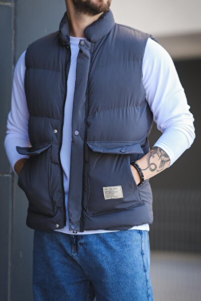 since 1990 man Manoctave Waterproof Hooded Pocket Label Detailed Stand Collar Men's Puffer Vest