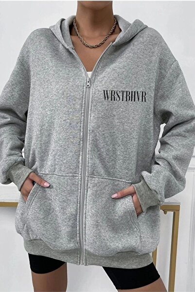 modaberry Dont Cardigan - Gray Printed Winter Oversize Hooded Cardigan with Zipper Pocket Detail