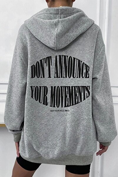 modaberry Dont Cardigan - Gray Printed Winter Oversize Hooded Cardigan with Zipper Pocket Detail