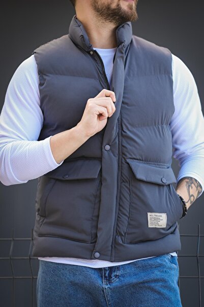 since 1990 man Manoctave Waterproof Hooded Pocket Label Detailed Stand Collar Men's Puffer Vest