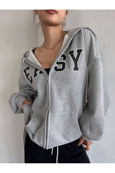 modaberry Easy Printed Cardigan - Gray Printed Winter Oversize Hooded Zipper Pocket Detailed Cardigan