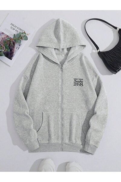 modaberry New York 1898 Cardigan - Gray Printed Winter Oversized Hooded Zippered Pocket Detailed Cardigan