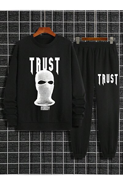 Mythologie Trust Nobody Sweatshirt Sweatpants Jogger - Black Printed Bottom Top Tracksuit Set Crew Neck