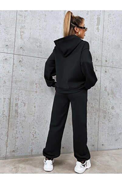 Mythologie Private Hooded Combination Bottom-Top Tracksuit Set - Black Printed Oversize Rubber Legs