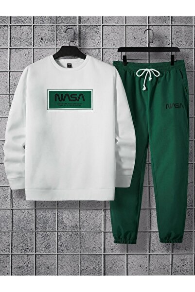 coolart مجموعة بدلة رياضية من Nasa Green Jogger باللون الأبيض من الأسفل مع رق...