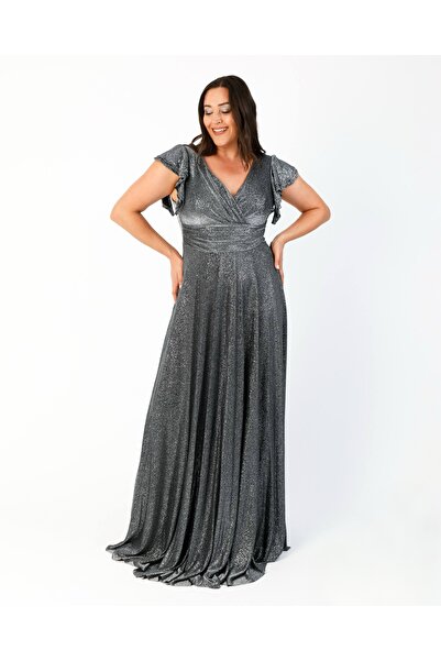 NONCONCEPTMODA Kol Volanlı Simli Büyük Beden Elbise