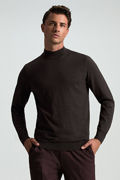 Hemington Merino Yünü Yarım Balıkçı Yaka Koyu Kahverengi Triko