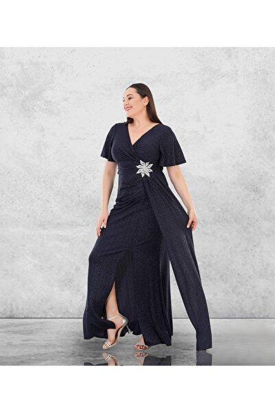 NONCONCEPTMODA Beli Çiçek Motifli Simli Büyük Beden Elbise