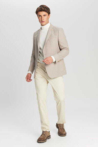 AC&Co / Altınyıldız Classics Men's Beige Slim Fit Slim-Fit Mono Collar Blazer Jacket with Pocket