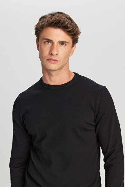 ALTINYILDIZ CLASSICS Erkek Siyah Pamuklu Standart Fit Normal Kesim Bisiklet Yaka Triko Kazak