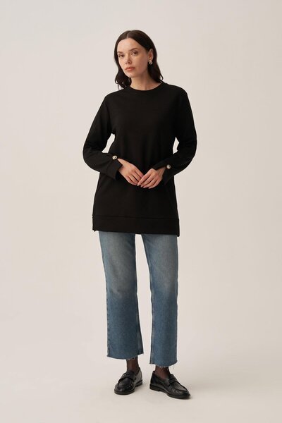 ALLDAY Black-Smooth Textured Gold Buttoned Sweatshirt