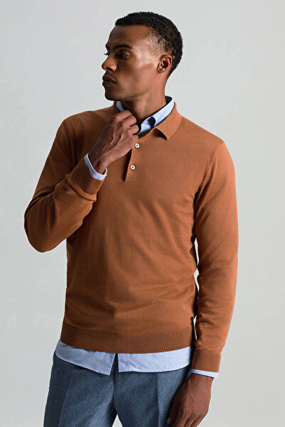 Hemington Merino Yünü Polo Yaka Konyak Rengi Triko
