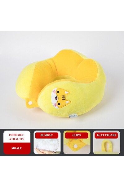 Flippy Travel Pillow, Flippy, Neck and Head Support, Cotton Filling, 28x28x10 cm, with Embroidered Cat Mode